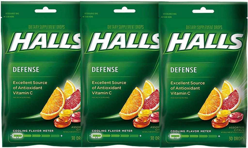 Halls Defensa Las gotas de vitamina C surtido Citrus - 30 ct, Pack de 3