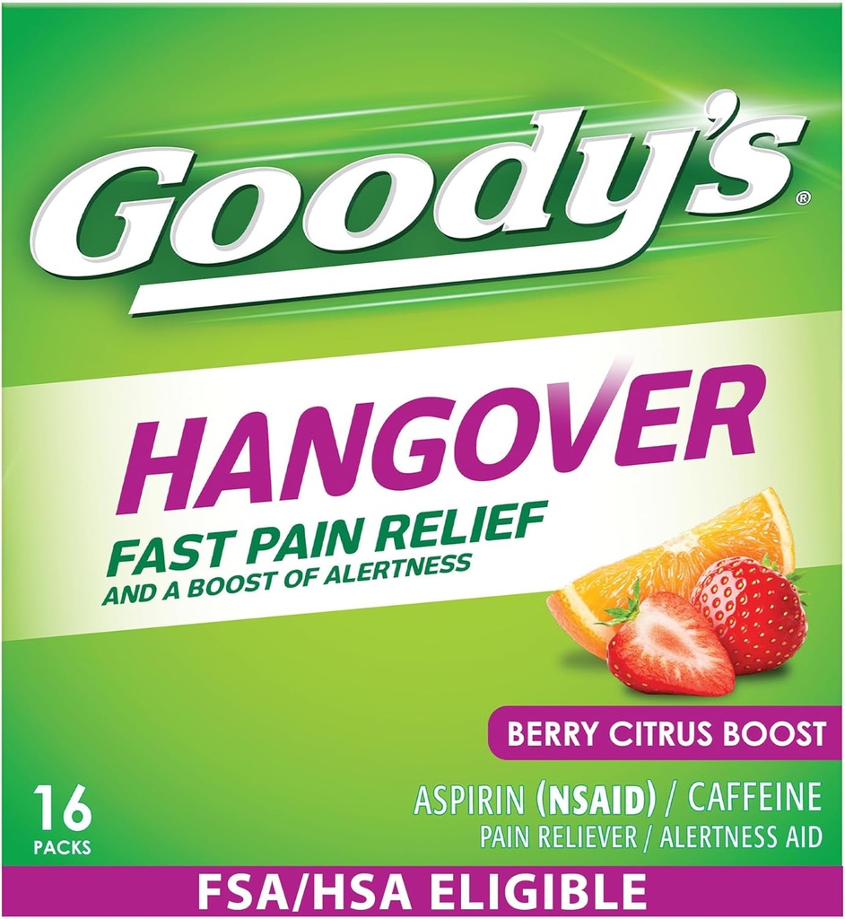 Goody's Hangover Relief Powder, Doble Acción Fast Headache Dolor de dolor con Aspirina y Caffeine, Berry Citrus Flavor, 16 Conde