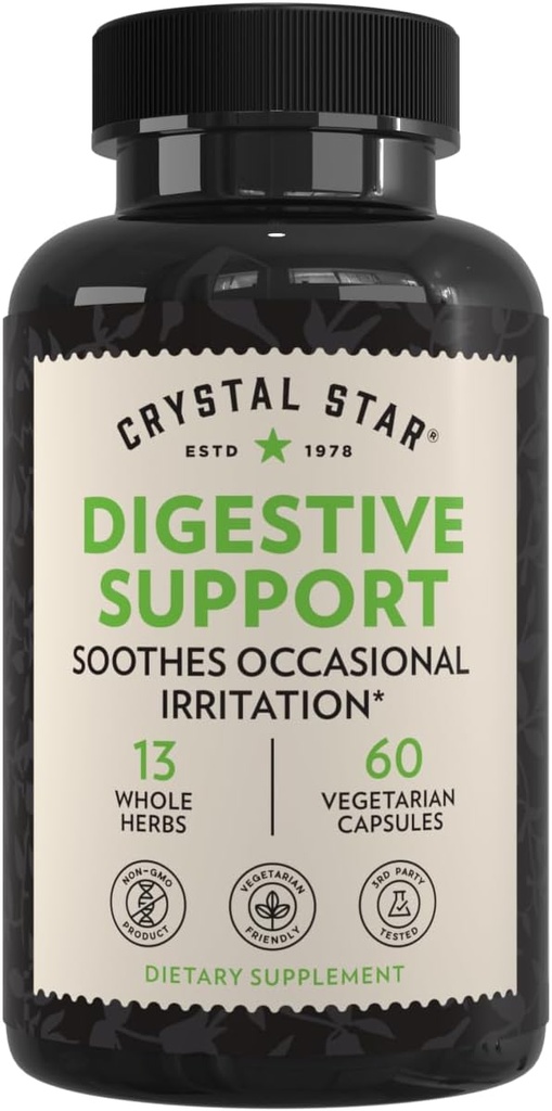 Suplemento de Apoyo Digestivo de Estrella de Cristal (60 cápsulas) - Suplemento Herbal Gut Health que ayuda con gas ocasional &amp; Bloating - Peppermint, Aloe Vera, Slippery Elm & Ginger – Non-GMO