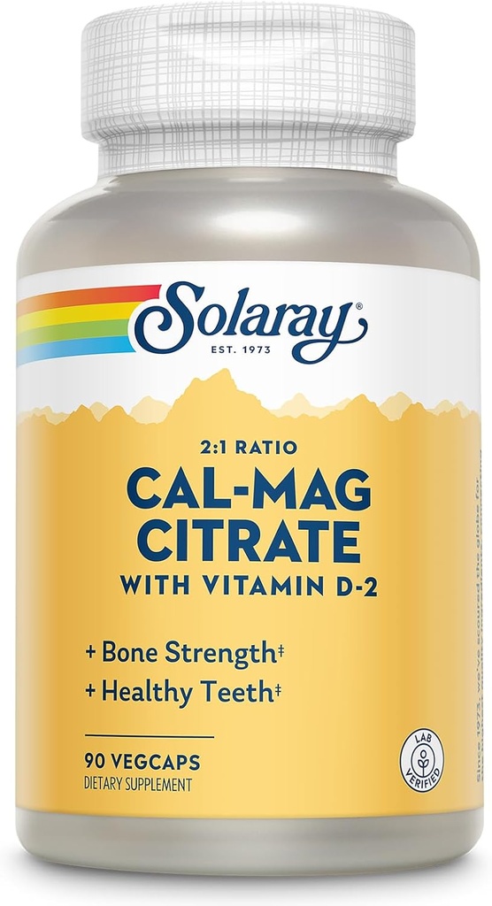 Solaray Calcium Magnesium Citrate 2:1 Ratio - Calcio Suplementos para Mujeres y Hombres w/Magnesium y Vitamina D 2 - Bone Health, Muscle y Nerve Support - Vegan, 60-Day Guarantee, 15 Serv, 90 VegCaps