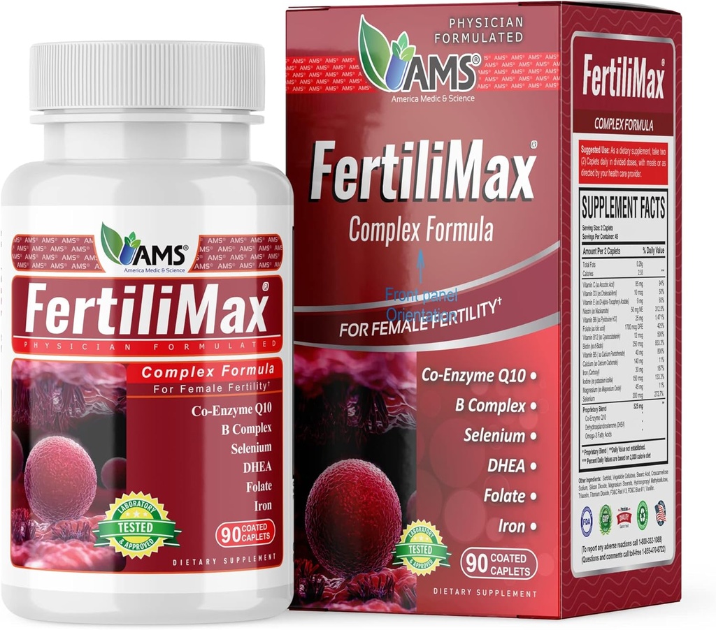 America Medic & Science FertiliMax, Fertility Supplements for Women, Supports Reproductive Health & Fertility Treatment, with Folate, CoQ10, DHEA, Iron, Selenium, 90 Capsules
