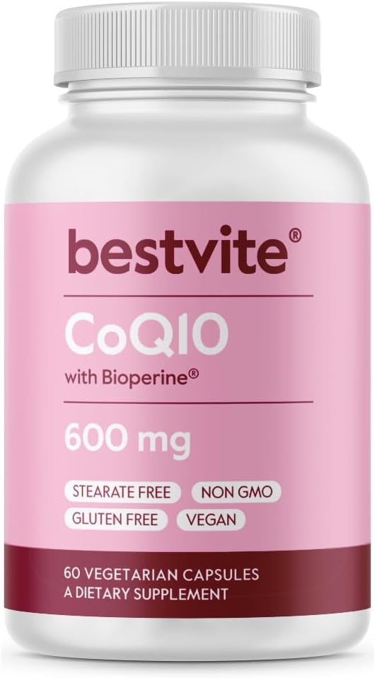 Coenzima CoQ10 600mg por cápsula con bioperina (60 cápsulas vegetarianas) naturalmente fermentado - sin dióxido de titanio - sin rellenos - sin Stearates - Vegan - Gluten Gratis - No GMO