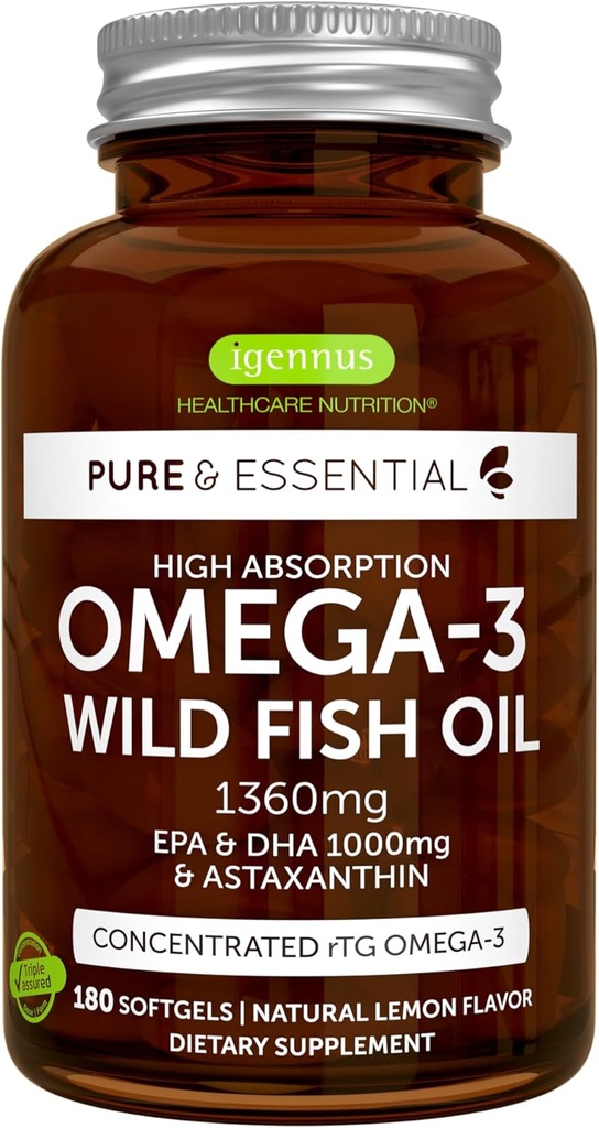 Igennus Ultra Pure Omega 3 Triglyceride rTG Wild Fish Oil 1360mg, IFOS Certified, EPA DHA 1000mg Plus Astaxanthin, Non-GMO, for Men &amp; Women, 180 Softgels