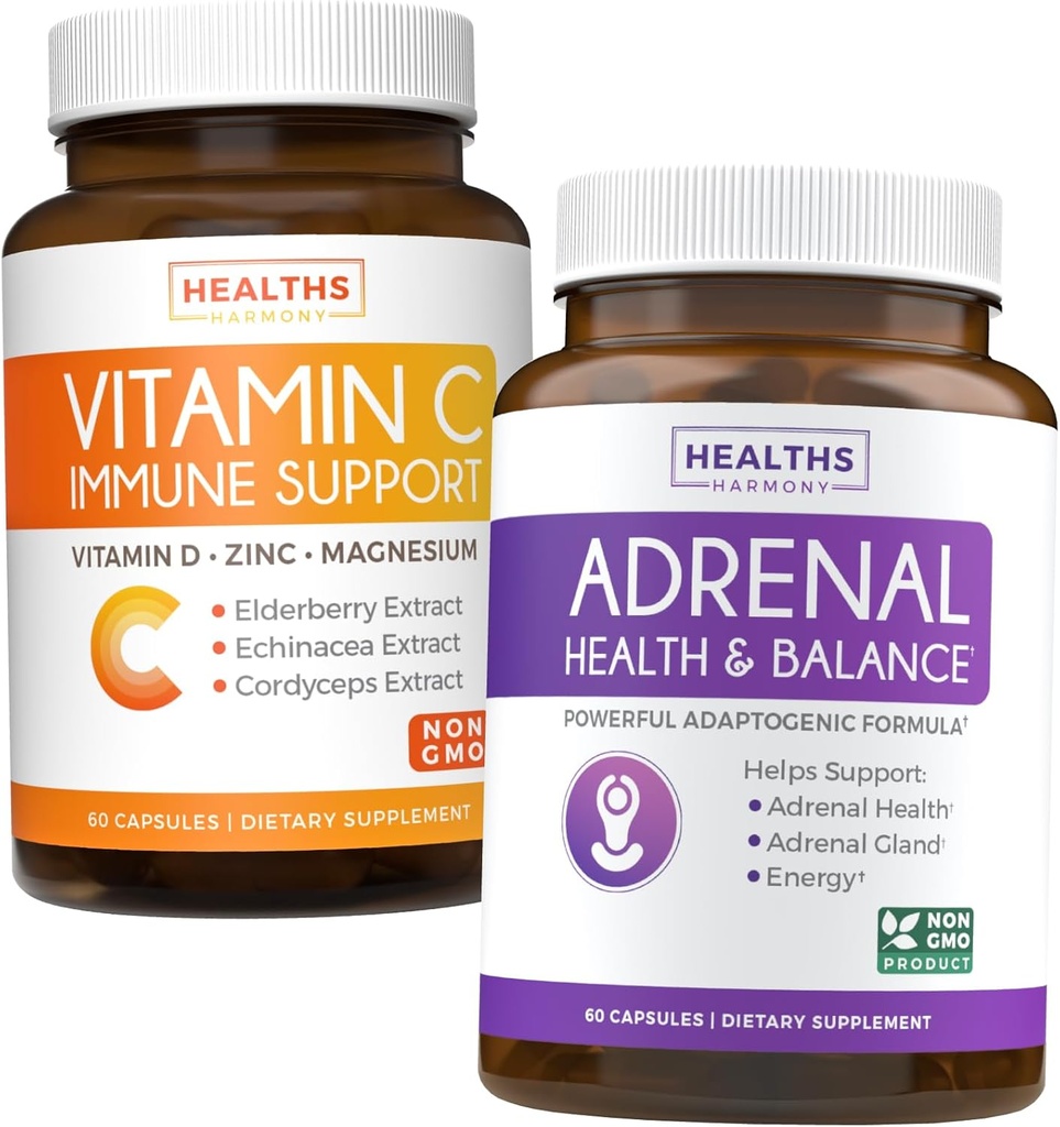 Bundle of Adrenal Support &amp; Vitamin-C Immune Support - Adrenal-C Immunity Bundle - Adrenal Support & Cortisol Manager (No-GMO) & Vitamina C Immune Support (No-GMO) Immune System Booster Supplement