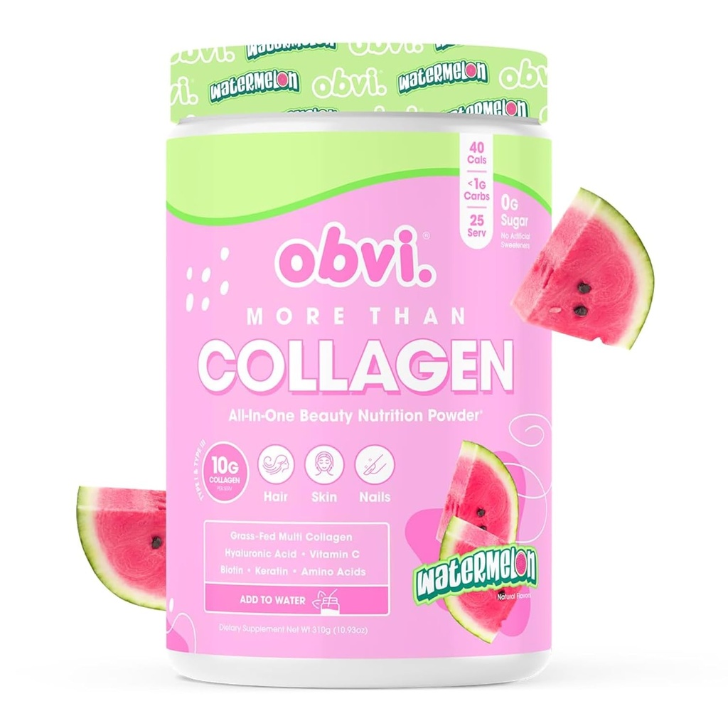 Obvi More Than Collagen Powder | Supports Healthy Hair, Skin, Nails, Joints, Gut | Grass-Fed Multi Collagen Supplement with Hyaluronic Acid, Biotin, Keratin | Watermelon, 25 Servings