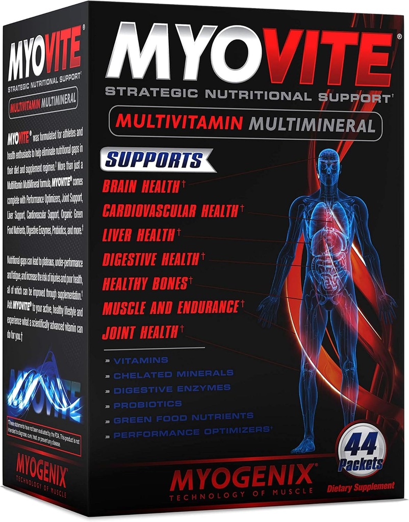Myogenix Myovite Multivitamins for Athletes - Vitaminas de alto rendimiento para hombres y mujeres atletas, vitaminas diarias para la nutrición óptima, función muscular y salud general, 44 paquetes por caja