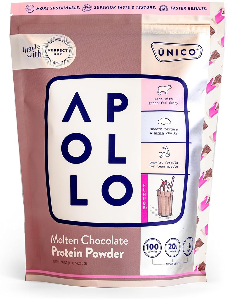 Unico Apolo Molten Chocolate Protein Powder - 20g 100% Grass-Fed Whey Protein, Egg Albumen y Casein ← No-Bloating ← Low-Carb y Low-Fat TEN 16 Serviciones ← No-Chalky Texture ← Best-Taste