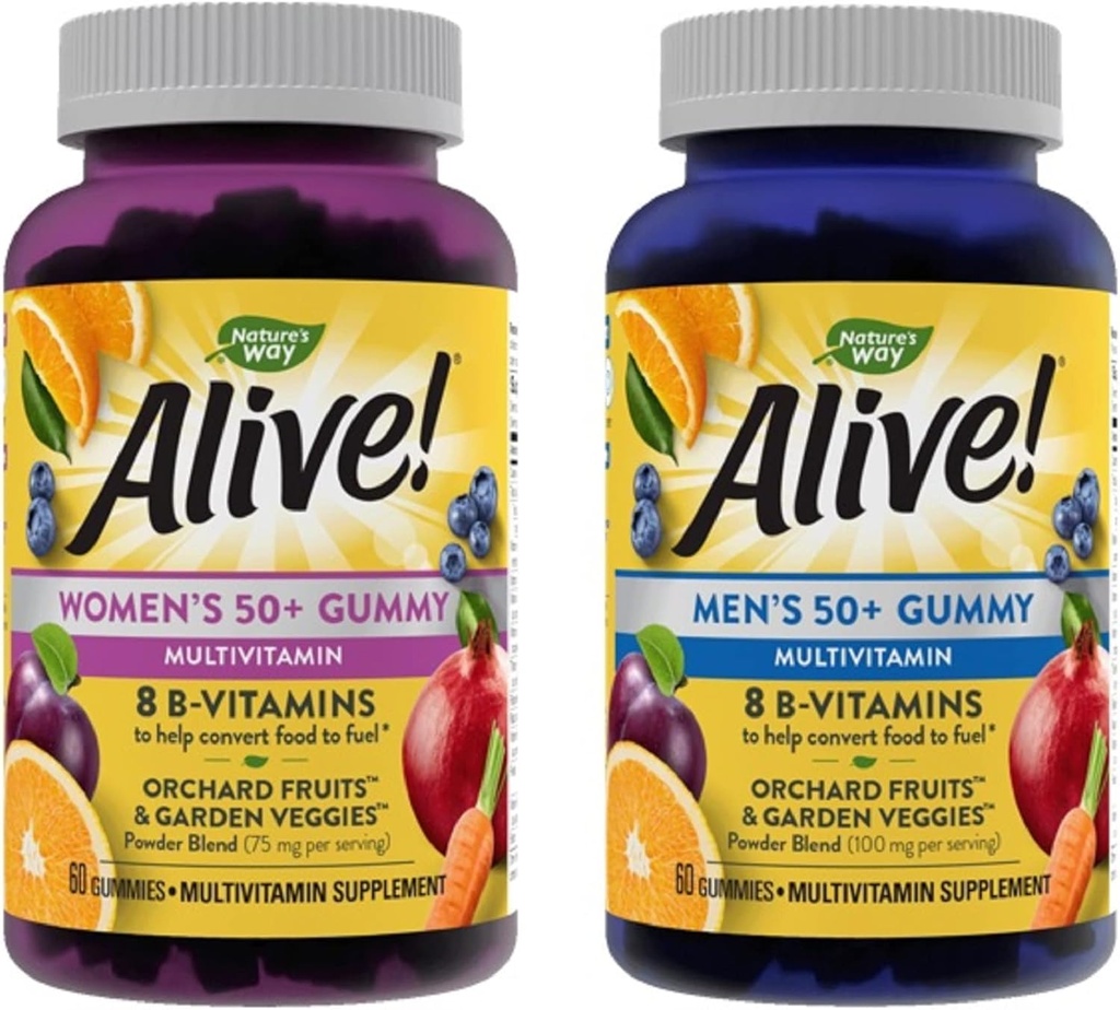 ¡La naturaleza está viva! Mujeres y Hombres 50+ Gummy Multivitamins, B-Vitamins, Delicious Flavors, 60 Gummies Por Bottle