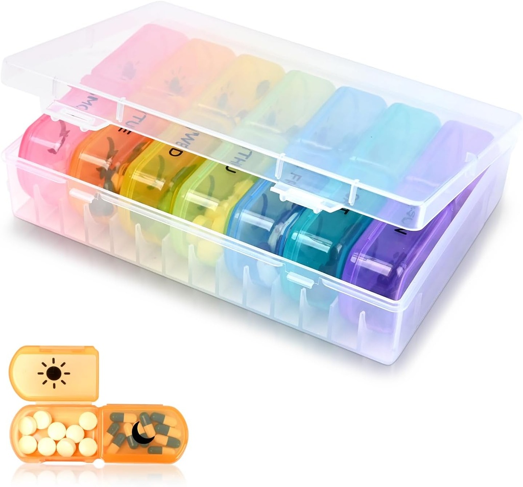 2 veces por día Organizador de píldoras – Caso grande de 7 días – Material de grado de alimentos – Alto volumen, diseño extraíble, de planificación de viajes – Titular perfecto para suplementos, vitaminas y medicamentos
