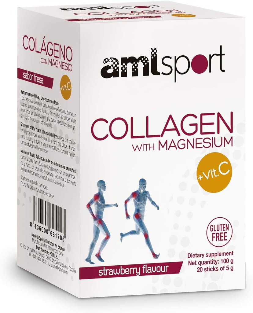 AML Sport - Collagen with Magnesium with Vitamin C Sticks - Strawberry Flavour - Travel Pack -20 Sticks. Collagen hidrolizado. Dairy, Gluten y Sugar Gratis.