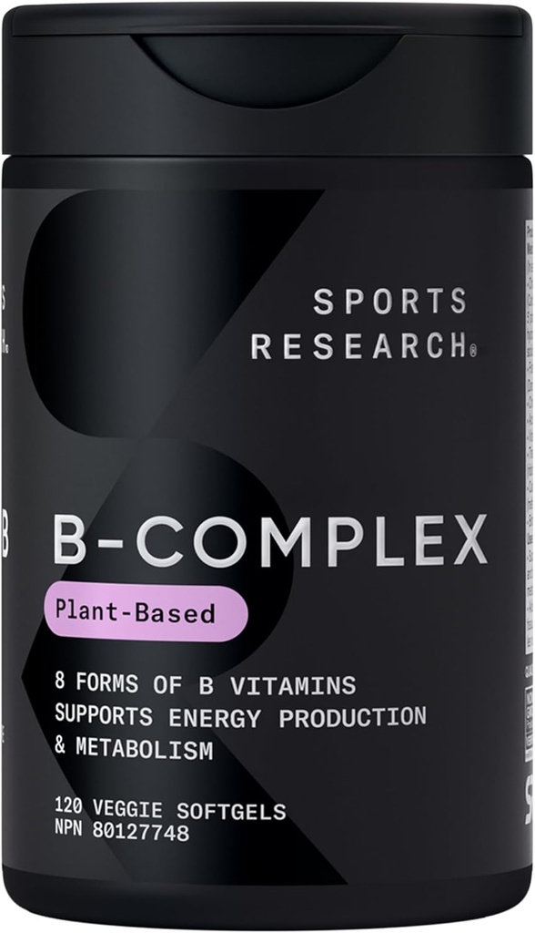Sports Research® Vitamina B-Complex - Espectrum completo de vitaminas B con bicarbonato metilado - sin gluten · base vegetal · no GMO · Fórmula Vegan-Friendly - 120 Veggie Softgels