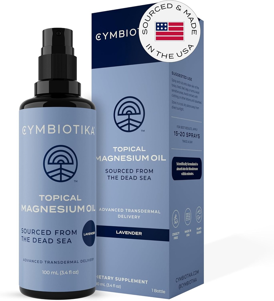 CYMBIOTIKA Óleo de Magnesio Tópico para Cuerpo, EE.UU. Hecho, Suplemento para cáscaras de piernas, músculo, salud conjunta &amp; soporte para sueño, Incluye cloruro de magnesio, extracto de lavanda, Aloe Vera - aplicador de piel