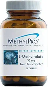 MethylPro L Methylfolate 10mg (de Quatrefolic) - Suplemento profesional de la fuerza L-Methylfolate para el soporte cerebral y el mood - Suplemento MTHFR (30 cápsulas)