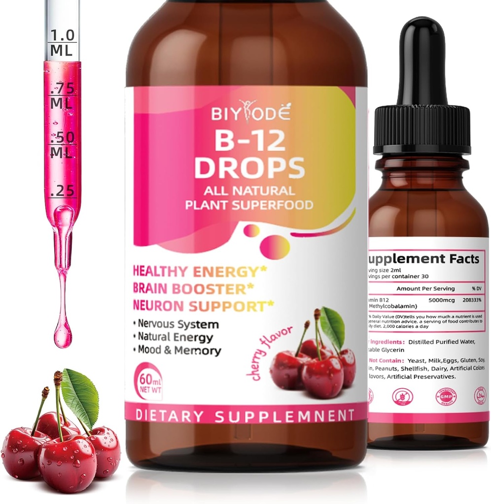 Vitamin B12 5000 mcg Liquid Drops All Natural Plant Superfood Healthy Energy Brain Booster Neuron Support Nervous System Natural Energy Mood Memory 60ml Net Wt Cherry Flavor