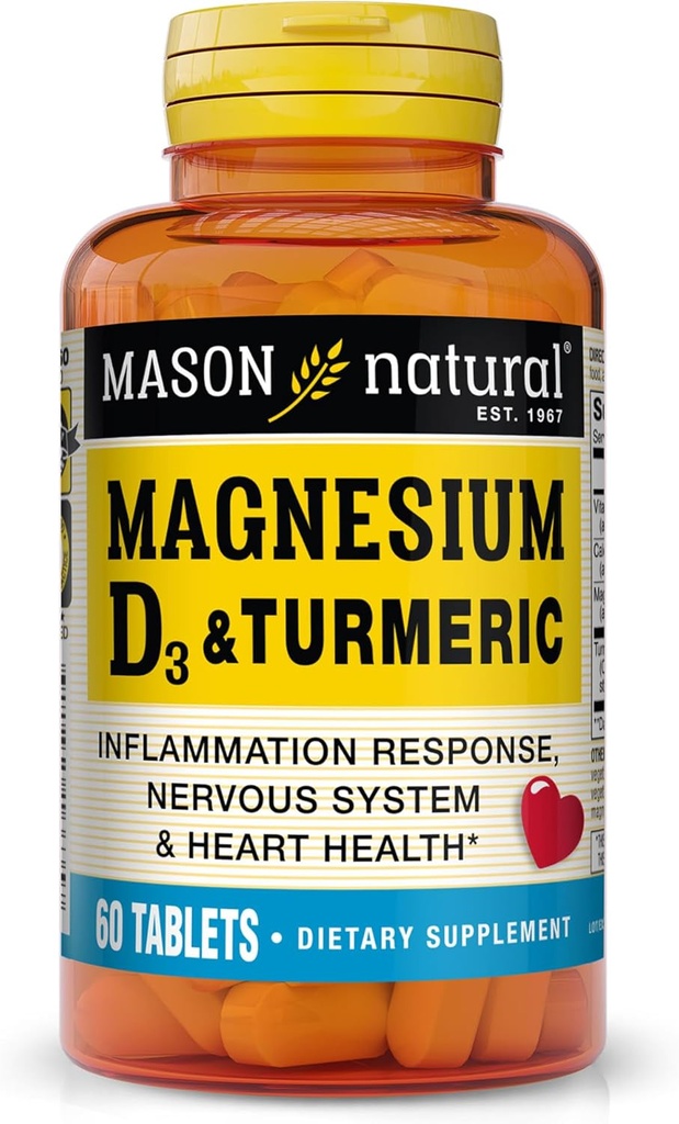 MASON NATURAL Magnesio &amp; Vitamina D3 con Turmérico, 60 Day Supply Suplemento dietético con 500 mg Magnesio, 3000 IU Vitamina D3, y 150 mg Turmérico