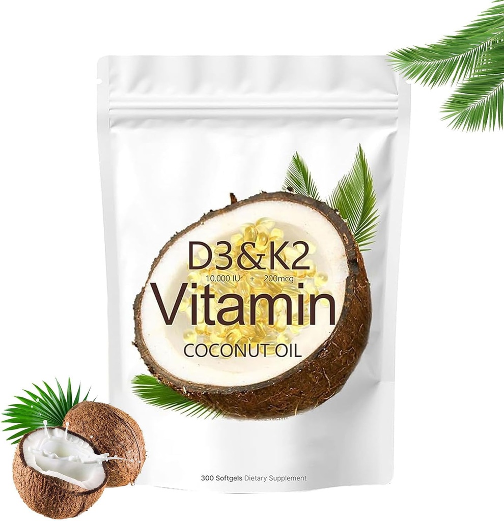 Vitamina D3 K2 Suplemento Softgels, 10000 UI D3 + 200 mcg K2, No GMO, Gluten Free, Soy Free, 300 Conde