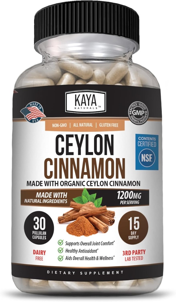 Kaya Naturals Ceilán Suplemento de canela Silencioso 1200 mg por Serving, Vegan - No GMO &amp; Gluten Gratis - 30 cápsulas