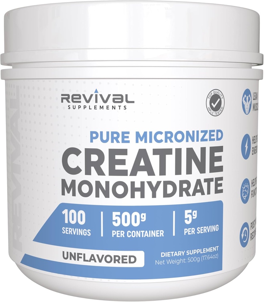 Revival Premium Micronized Creatine Monohydrate - HPLC Tested 100% Pure Grade - 500g (100 Servings) - Apoya Lean Muscle Growth - Maximum Absorption - Unflavored - Made in USA &amp; 3rd Party Lab Tested