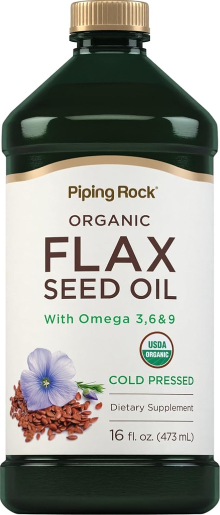 Piping Rock Flaxseed Oil ← 16 Fl Oz Silencio con Omega 3 6 9 Silencio Orgánica Cold Pressed Liquid Suplemento Silencio Vegetariano, No GMO, Gluten Free Formula