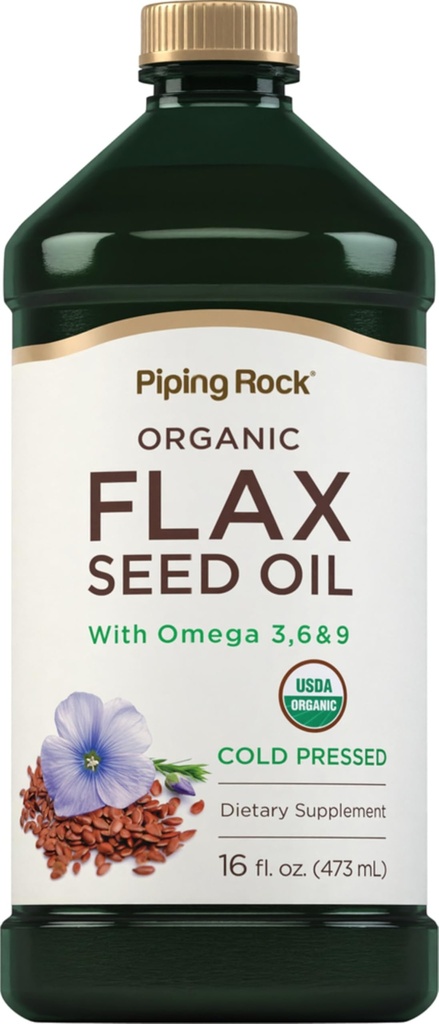 Piping Rock Flaxseed Oil ← 16 Fl Oz Silencio con Omega 3 6 9 Silencio Orgánica Cold Pressed Liquid Suplemento Silencio Vegetariano, No GMO, Gluten Free Formula