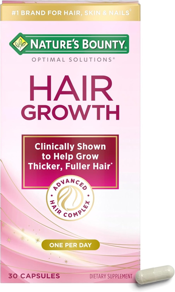 Nature's Bounty Optimal Solutions Hair Growth Supplement with Biotin, Hair Growth Vitamins with Biotin Silicon & Arginine, 1 Per Day, 30 Capsules, One Month Supply