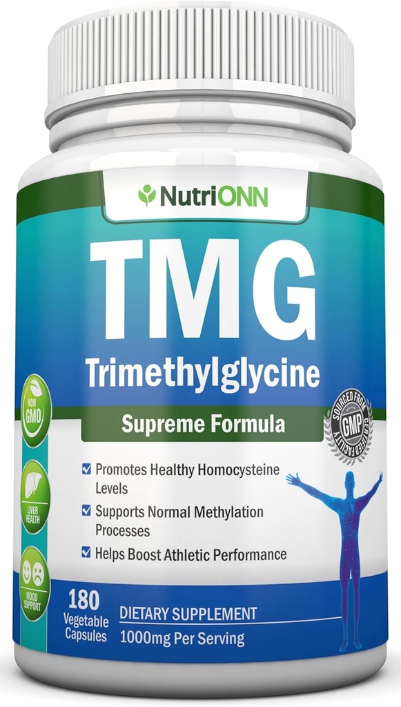TMG Trimetilglycine Suplemento - 1000mg - 180 Capsules - Premium Pure Betaine Anhydrous - Apoyos Normal Homocysteine " Niveles de presión arterial - promueve procesos de metilación - Non-GMO Fórmula