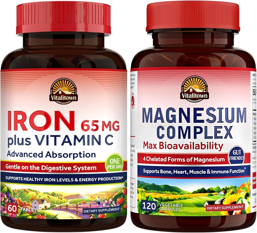 Suplemento Complejo de Magnesio de Vitalitown 500mg &amp; 65mg Suplemento de Hierro para Mujeres Hombres, para el sueño, músculo, construcción de sangre &amp; mejora de energía