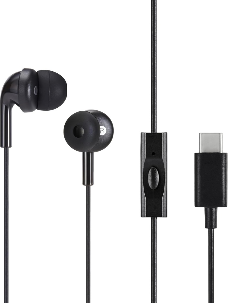 Básicos Árbulos con alambre con micrófono, en auriculares de oído, USB-C, cable largo de 4,2 pies, consejos de oído S/M/L, tamaño único, negro