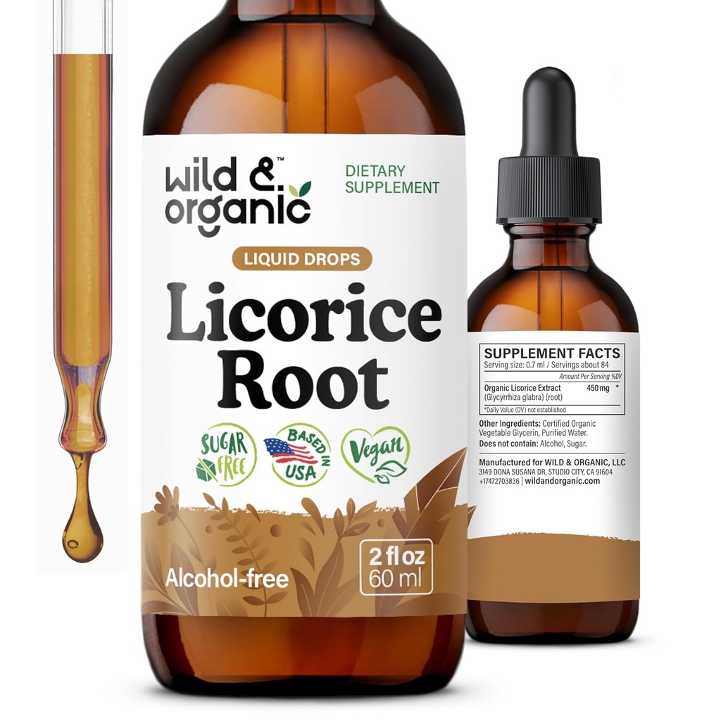 Wild &amp; Organic Licorice Tintura - Soporte Digestivo - Pure Licorice Root Extract Drops - Glycyrrhiza Glabra - Vegan, Azúcar &amp; Alcohol-Free Suplemento - 2 fl oz