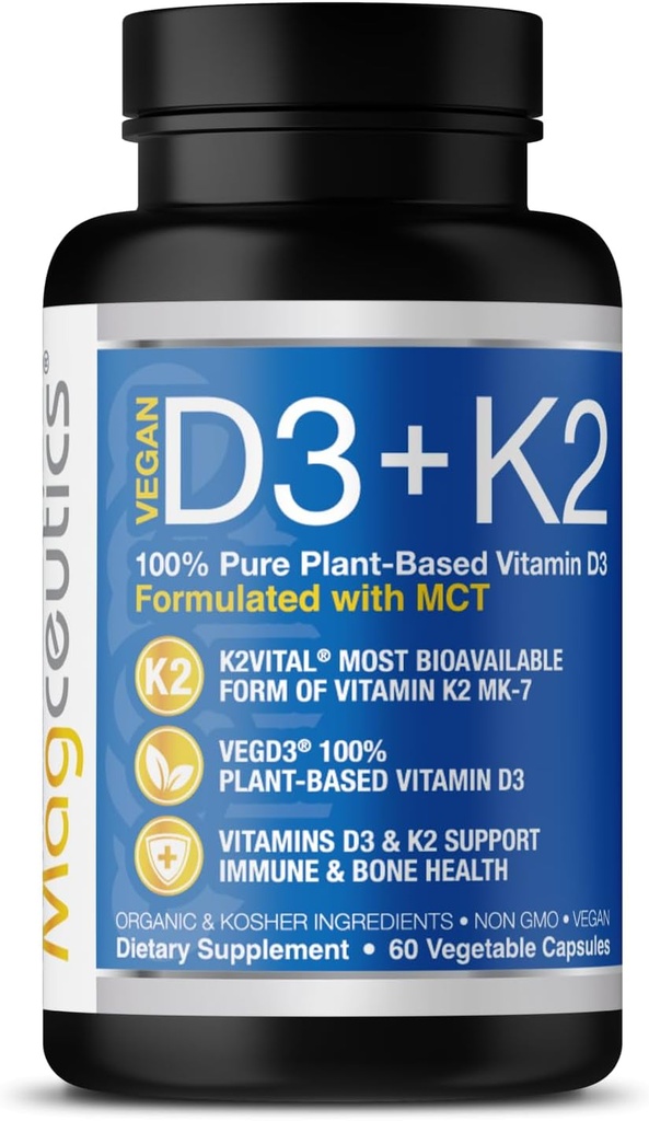 Vitamina D3 K2 con MCT, 5000 IU Vegan D3 & 100 mcg MK7 K2, Soporte sólidos huesos y salud inmunitaria - 60 cápsulas (60 días de suministro)