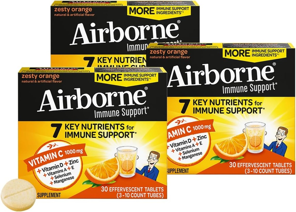 Airborne 1000mg Vitamina C + Azúcar Zinc Sugar Soporte multivitamínico Effervescent Fizzy Tablets, Zesty Orange Flavor with Powerful Antioxidants Vitaminas A C &amp; E, 30 Tablets (3 Pack)