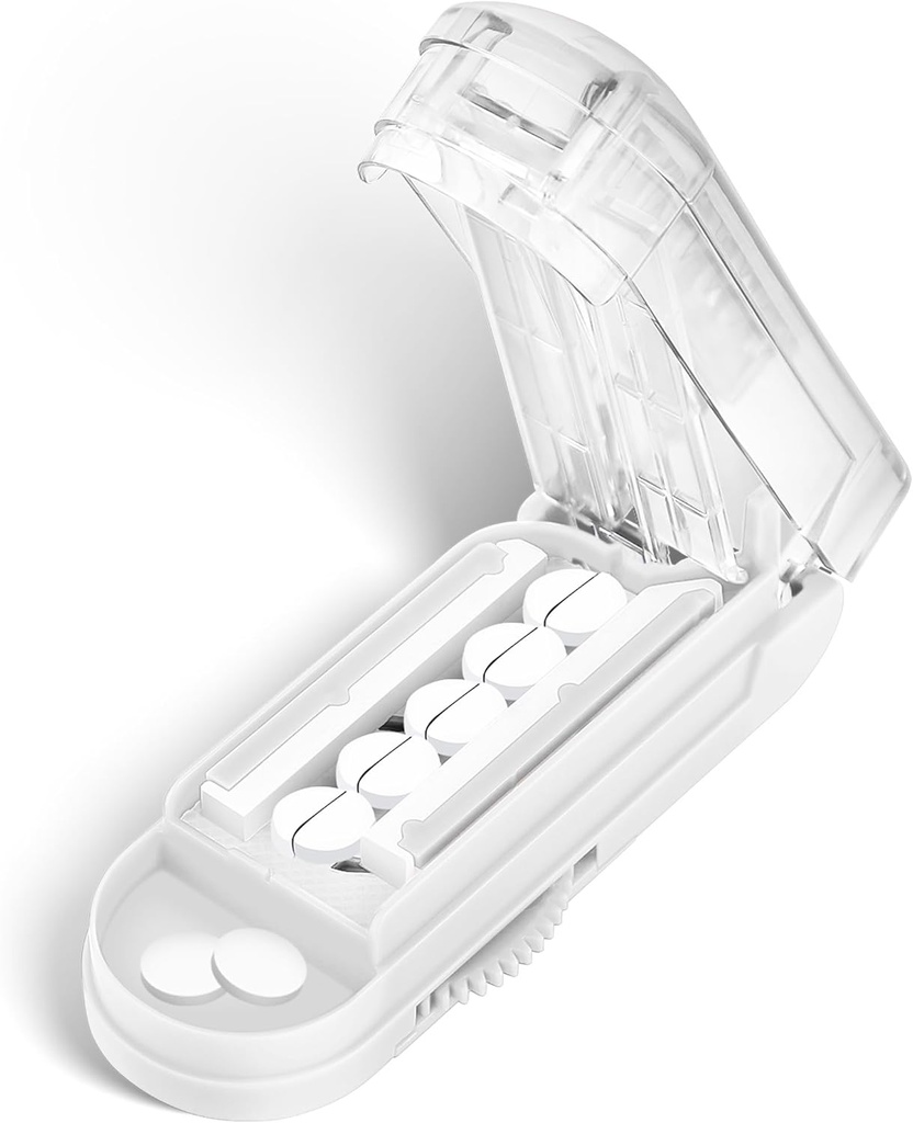 DUBSTAR Pill Cutter Splitter for Small and Tiny Pills, Multiple Pill Cutters for Small or Large Pills, Adjustable Pill Splitter with Centering Device and Blade Guard for Multi Tablets (Clear White)