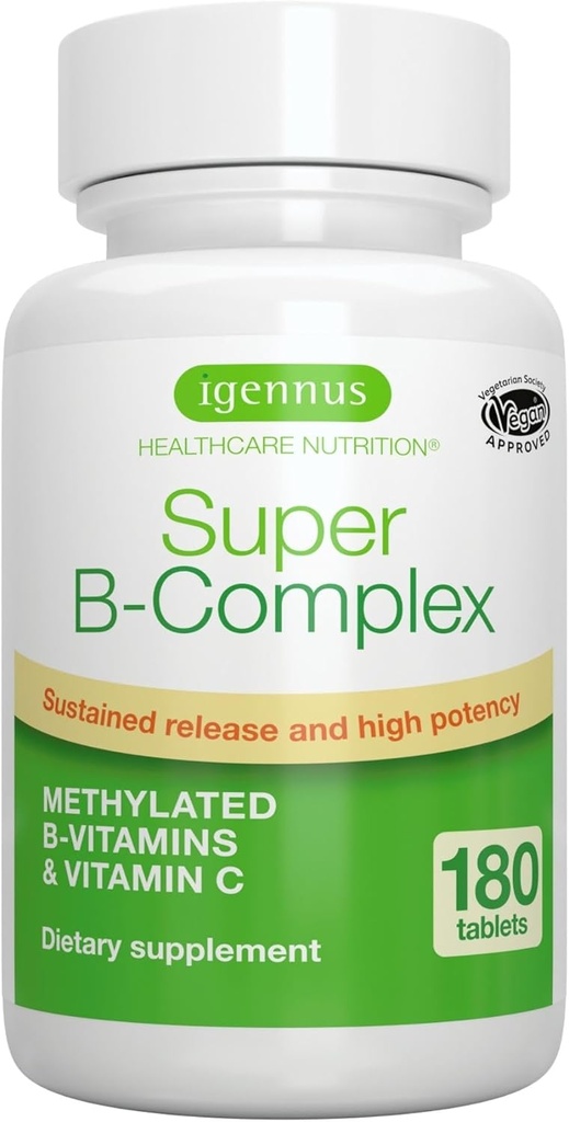 Igennus Super B-Complex Metilcobalaminas, MTHFR Suplemento con Methylfolate &amp; B12 Metilcobalamina, Alta Biodisponibilidad " Potency, Vegan, Lab Verified, 180 Tablas pequeñas