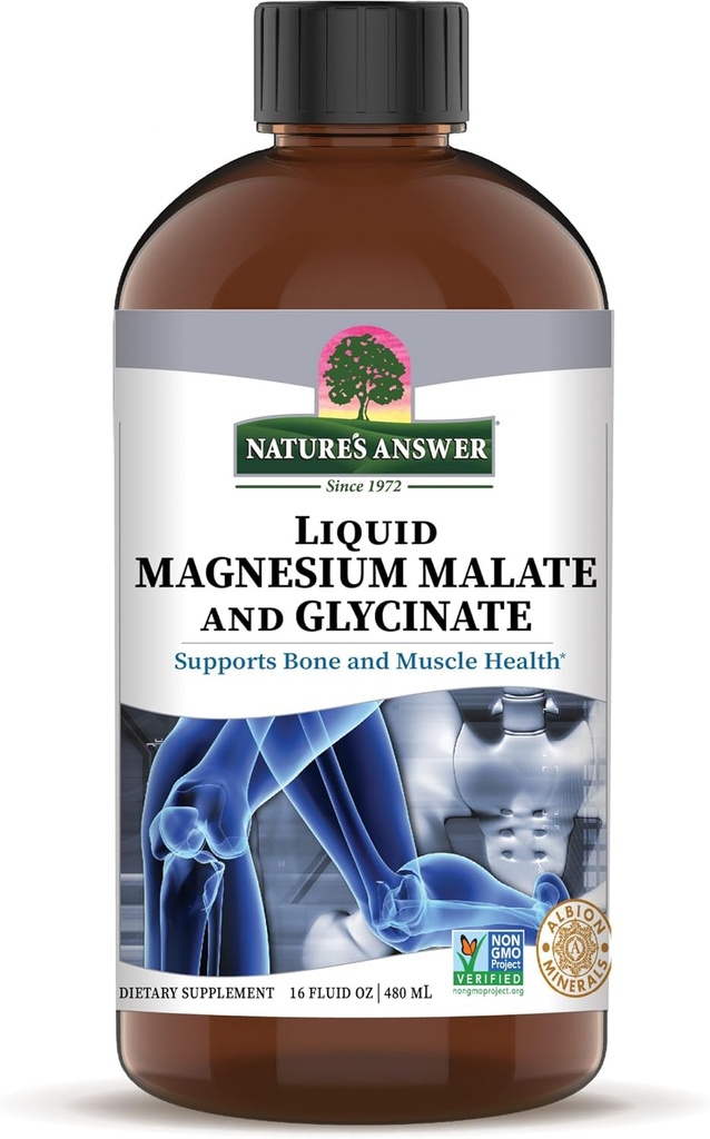 Magnesium Glycinate &amp; Magnesium Malate Liquid - 16 Oz Magnesium Concentrate - Vegan &amp; Gluten-Free - Bono, músculo y soporte cardiovascular - Adecuado para todos