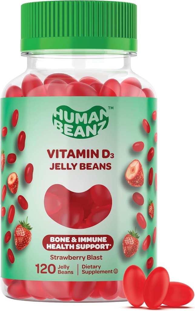 Vitamina D3 Jelly Bean Gummies for Adults, Immunity Support, 2000 UI Vitamina D, Suplementos Vegetarianos Nutricionales, 120 Strawberry Blast Jelly Beans, Kosher
