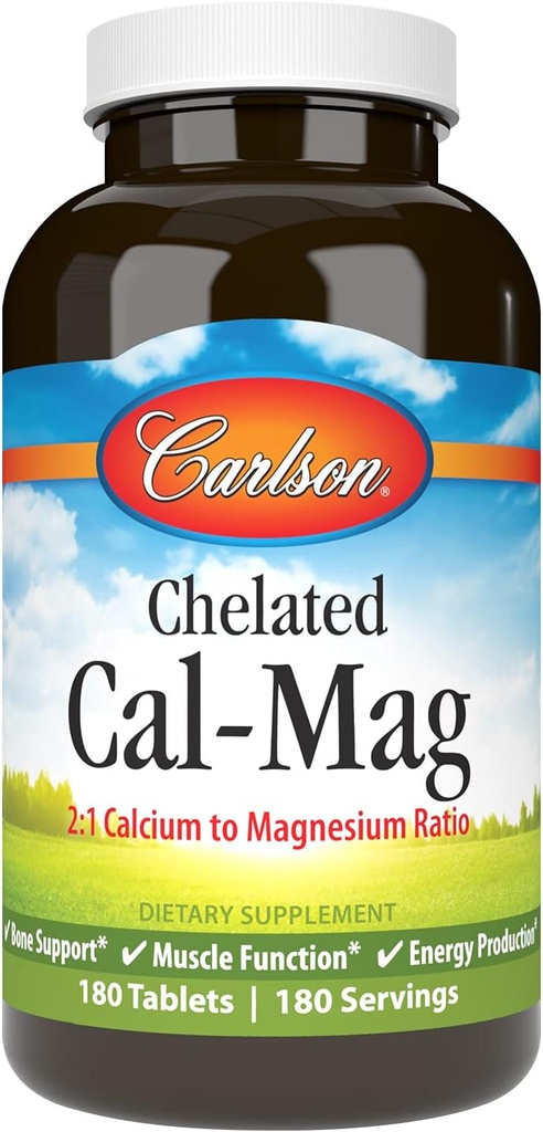 Carlson - Chelated Cal-Mag, 2:1 Calcium a Magnesium Ratio, Bone Support, Muscle Function & Energy Production, 180 Tablets