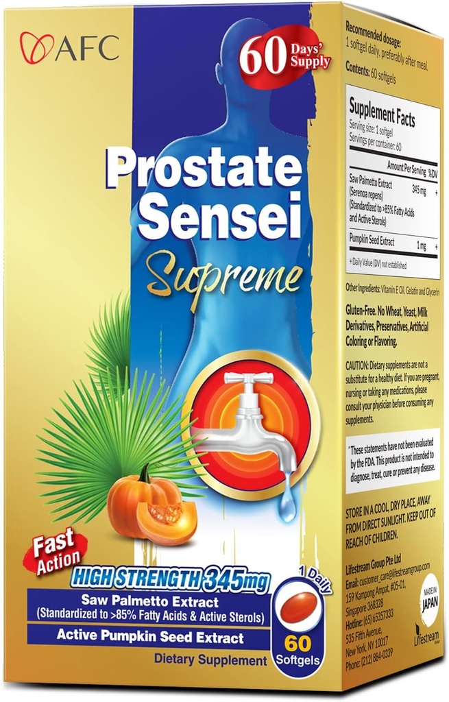 AFC Japón Prostate Sensei Supreme – Saw Palmetto Supplement for Hombres with Fatty Acids & Sterols – Supports Urinary Flow, Bladder Function, Hair Health – Natural Prostate Support Fórmula, 2 Month Supply