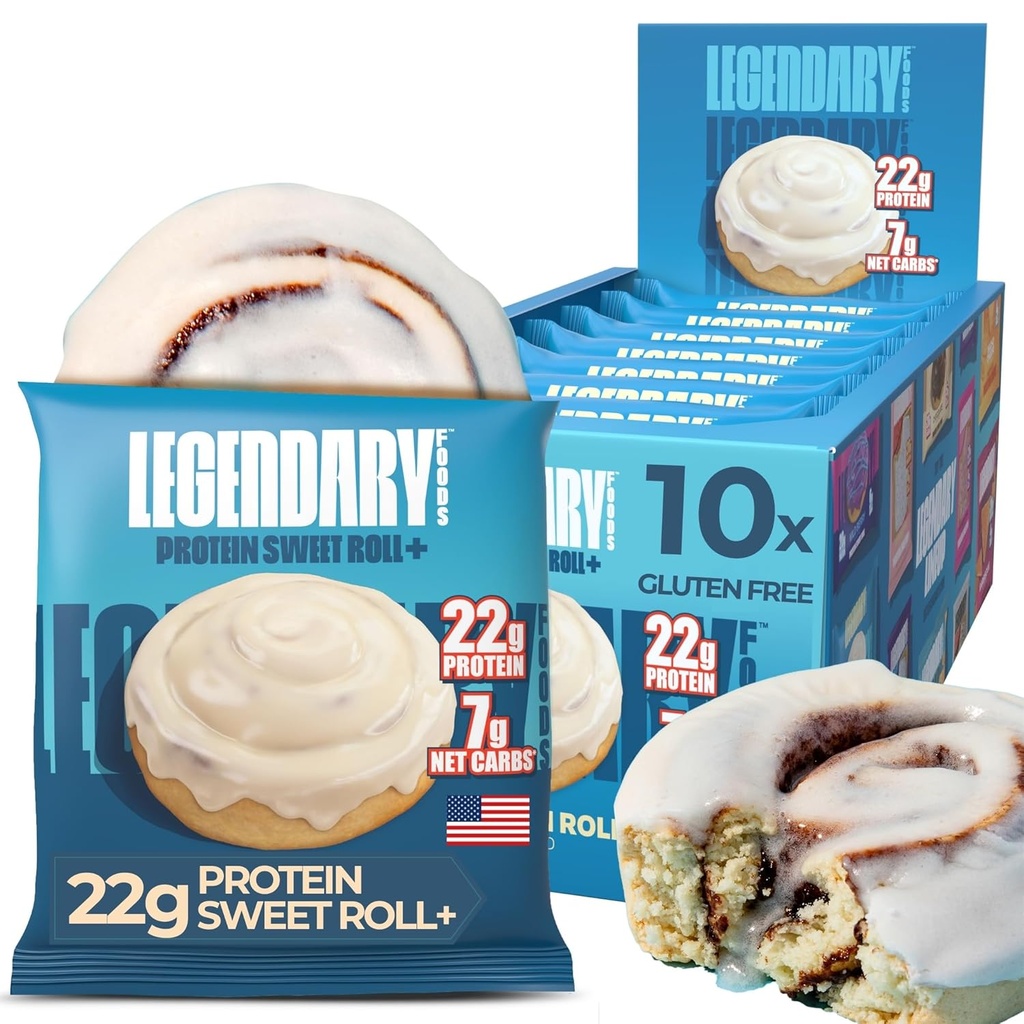 Alimentos legendarios 22g Protein Cinnamon Roll - Premium High Protien Bares, Low Carb Meal Replacement Snack, Low Glycemic Index, Gluten Free Snacks - Sweet Zero Sugar, Keto y Diabetic Friendly 10-Pack