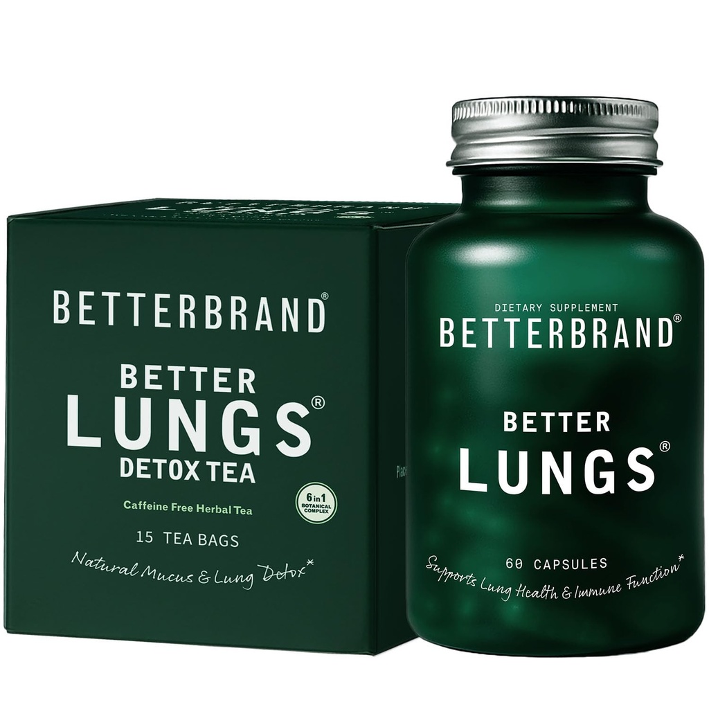Betterbrand Better Lungs Health Pack - BetterLungs & BetterLungs Detox Tea Bundle - Daily Resporatory Health Supplement - 15X Herbal Tea Bags + 60 Capsules