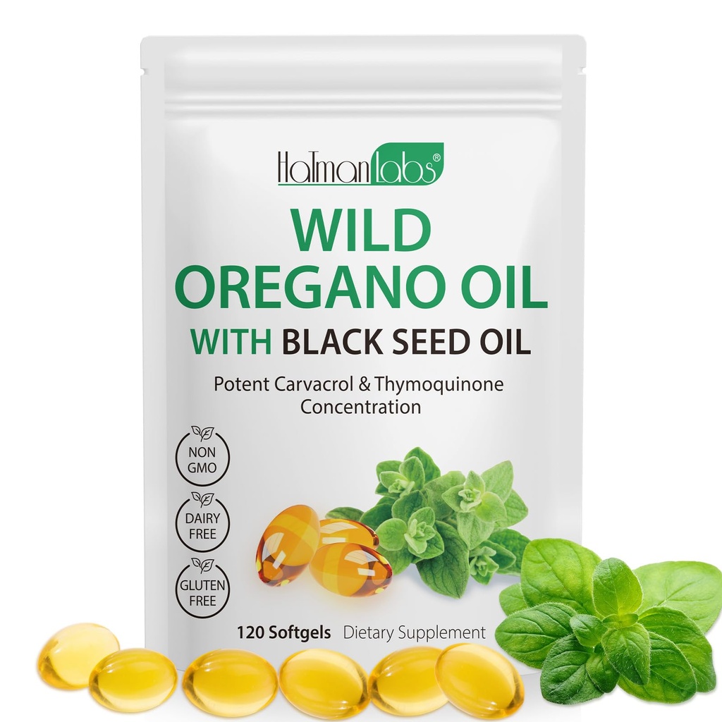 Óleo de orégano con aceite de semilla negra, aceite de orégano orgánico Softgels, cápsulas de aceite de orégano orgánico, no GMO, sin gluten, 120