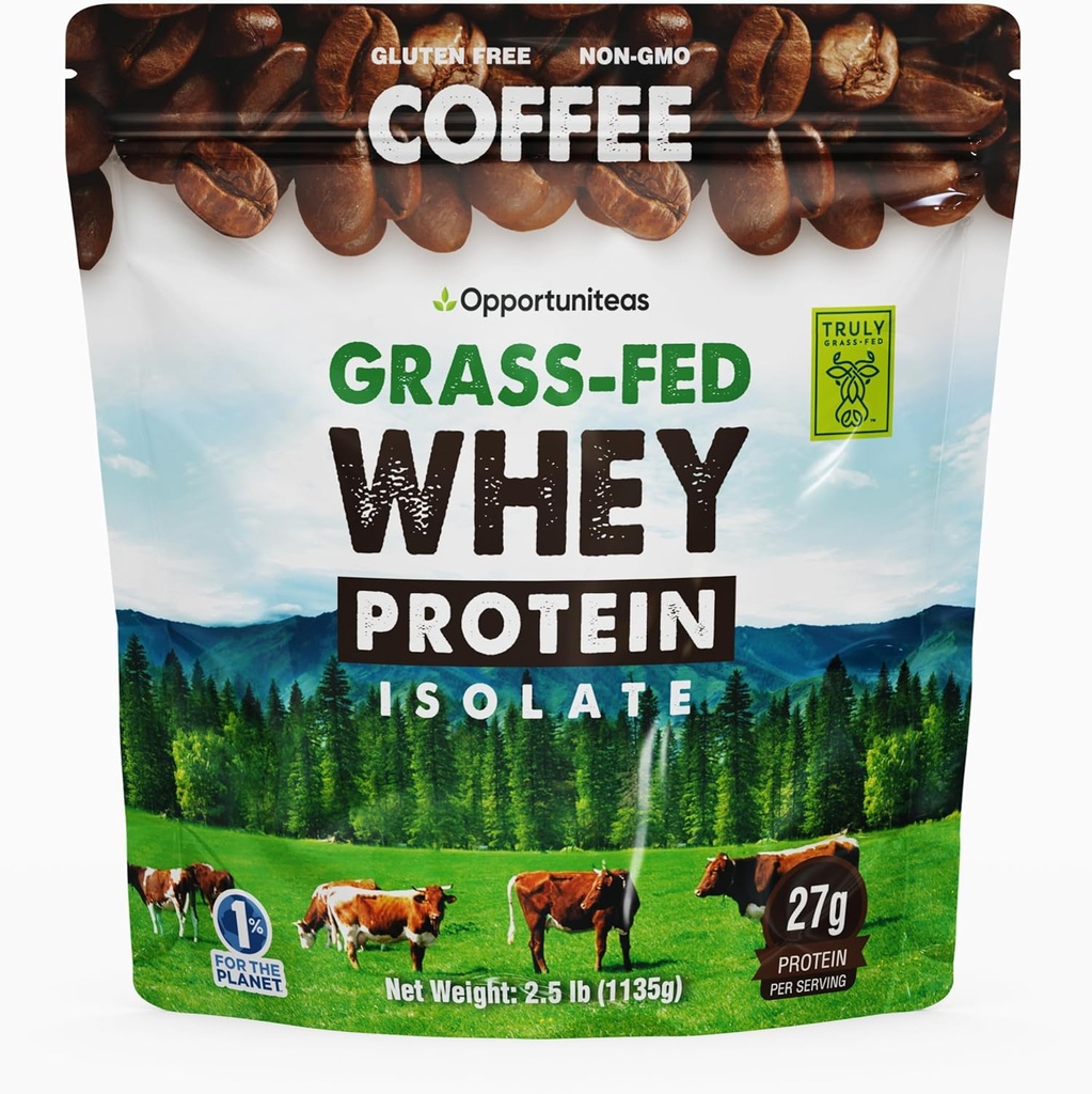 Opportuniteas Grass Café Whey Protein Isolate Powder - 27g Protein Powder Sin Sweeteners artificiales, Vacas sin hormonas, No GMO - 2.5lb