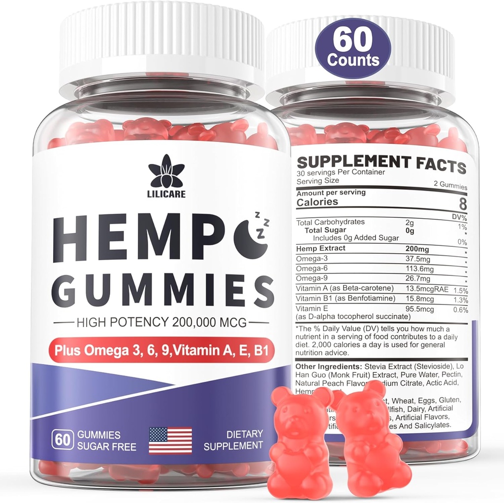 cáñamoTotalmente cáñamo Gummies 200mg, Aceite de cáñamo vegano de alta potencia con Omega 3 6 9, Vitamina A,E &amp; B1, Cero Sugar, 60 Gummies, 30 Servimientos