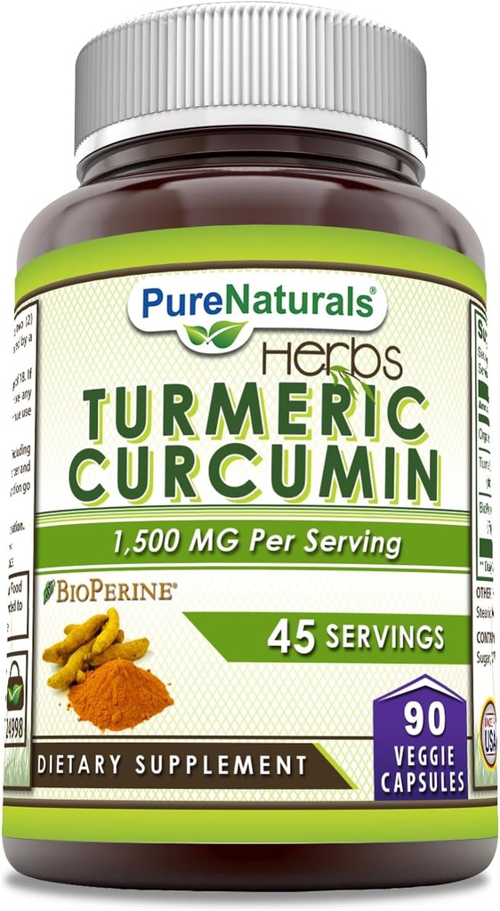 Puro Naturales Curcumina Turmérica con Bioperina 2250 mg Por Servir Suplemento Silencio Veggie Capsules ← No-GMO Silencio Gluten Libre Silencio Made in USA (1 Pack, 90 Cuenta)