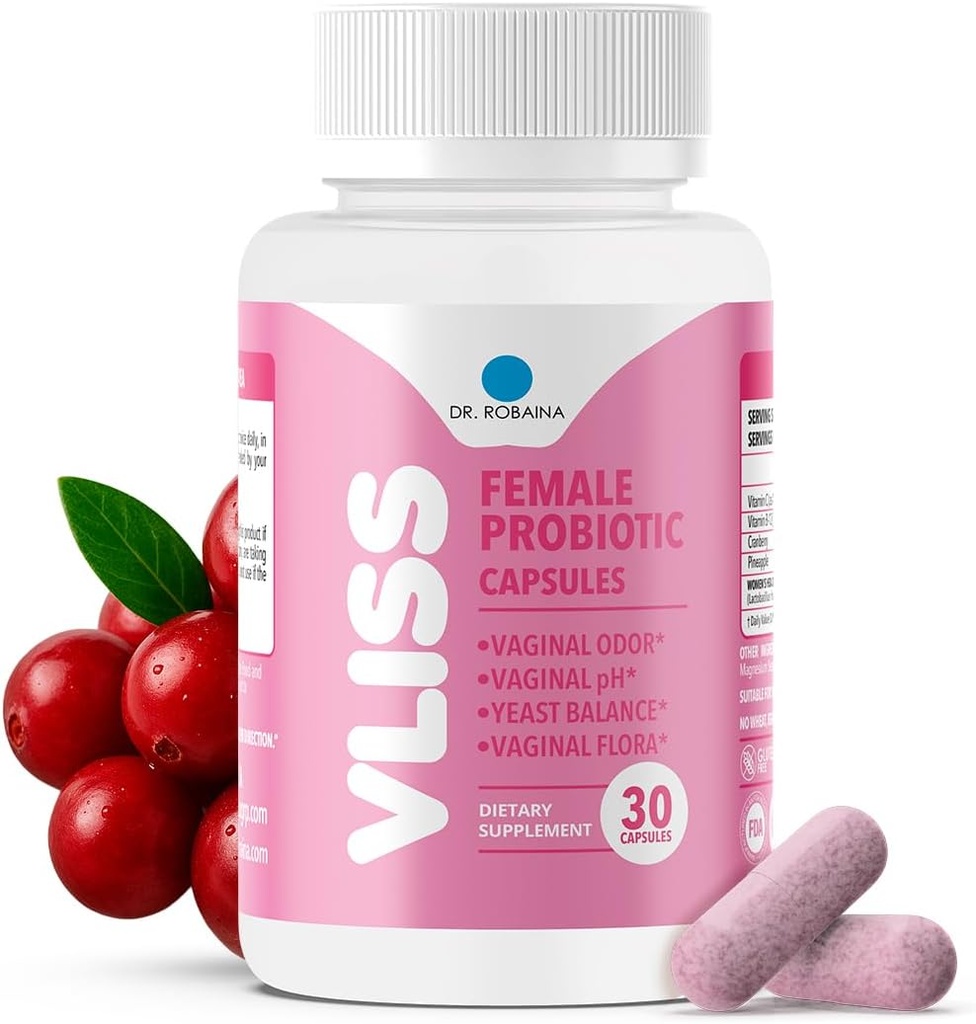 Dr. Robaina Mujeres Probiótico Vaginal Diario + Arándano &amp; Pineapple, 5 B CFU Lactobacillus (rhamnosus, reuteri, gasseri, crispatus), pH Balance " Control de olores, vitamina C " B-12, 30 cápsulas Veganas