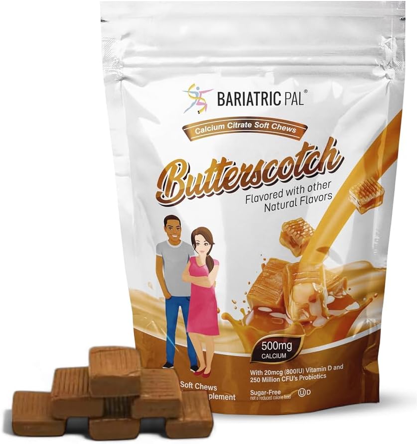 BariatricPal Sugar-Free Calcium Citrate Soft Chews | 500mg with Vitamin D & Probiotics | Butterscotch | 90 Count (1 Month Supply)