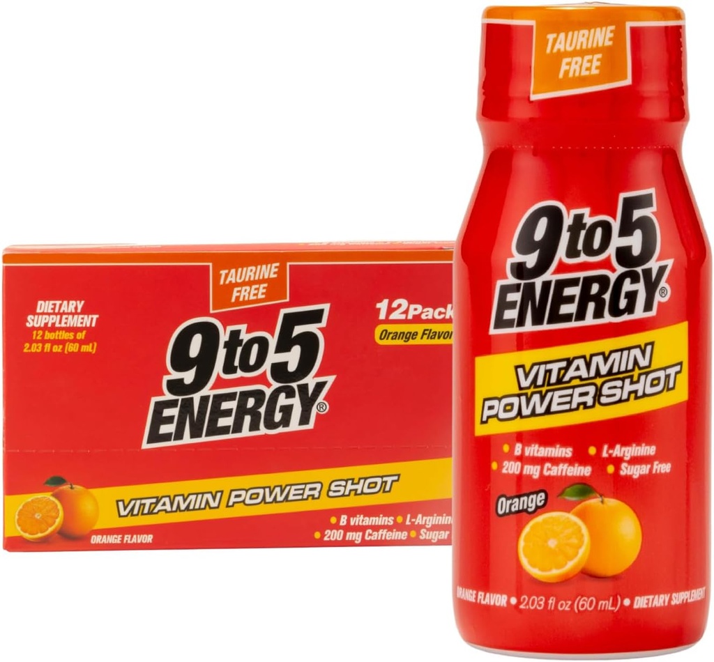 Vitamina Power Shot - Orange Flavor, Taurine-Free, Sugar-Free, 12 Pack (2.03 fl oz Cada uno) - Boost Energy, Focus, and Vitality with B Vitamins and L-Arginine
