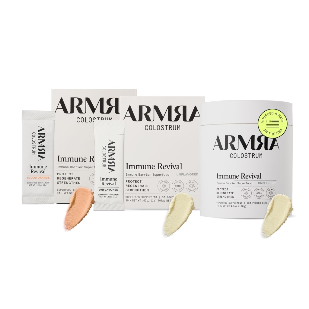 ARMRA ColostrumTM Premium Powder, Grass Fed, Gut Health Bloating Immunity Skin & Hair, Contains 400+ Bioactive Nutrients, Keto, Gluten & Fat Free (Blood Orange, Unflavored Bundle tención 180 Servings)