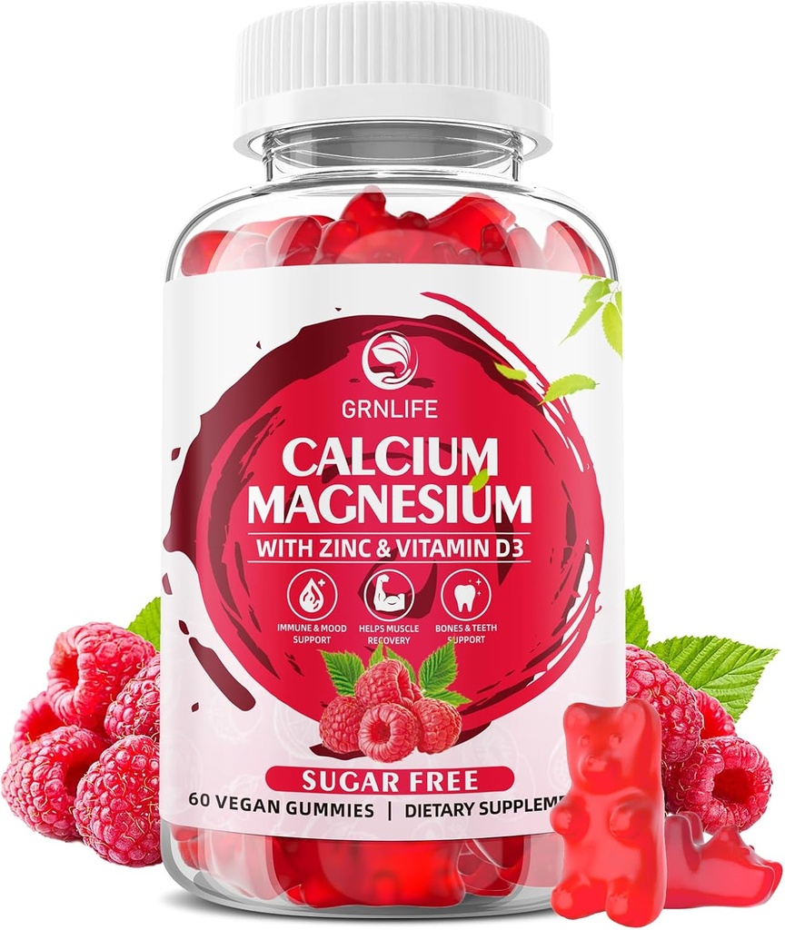 Calcio Magnesio Zinc Gummies con Vitamina D3, Azúcar Gummies de Calcio Libre para Mujeres Hombres, Raspberry Flavor - 60 Cuenta