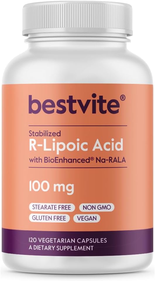 BESTVITE R-Lipoic Acid 100mg Estabilizado con Bio-Enhanced® Na-RLA (120 cápsulas vegetarianas) No Stearates - Sin agentes de flujo - Vegan - No Gluten Free