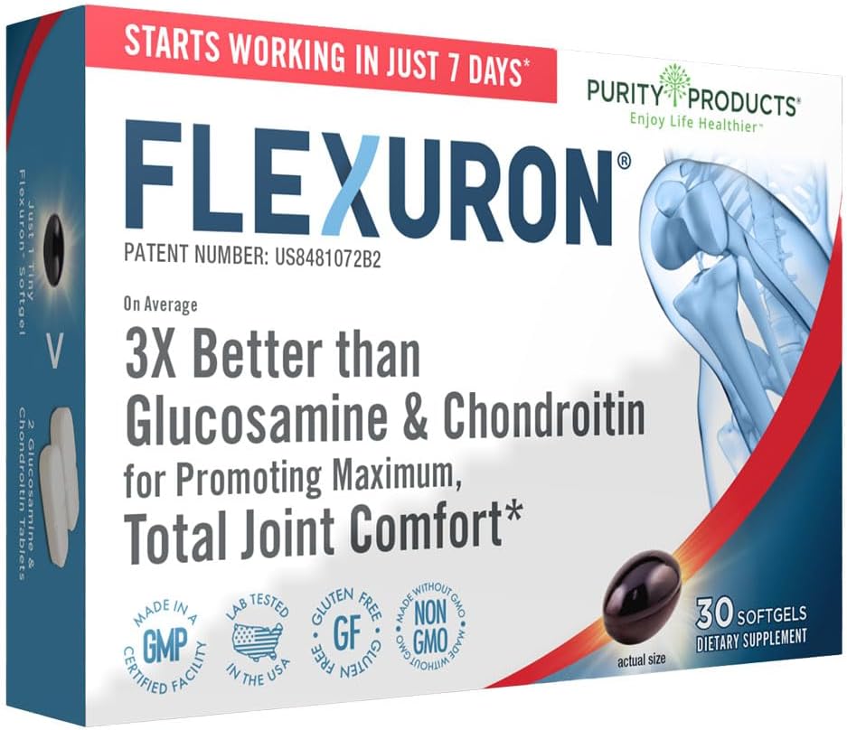 Purity Products Flexuron Joint Formula 3X Better Than Glucosamine and Chondroitin - Empieza a trabajar en tan solo 7 días - Krill Oil, Low Molecular Weight Hyaluronic Acid, Astaxanthin - 30 Count (1)